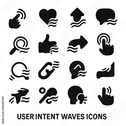 Collection of black silhouette icons representing various hand gestures and user intent concepts high quality