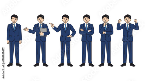 日本人ビジネスマンのポーズセット イラスト素材（説明・指差し・悩み・考える・ガッツポーズ）