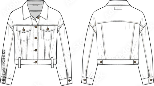 Women's cropped denim jacket technical fashion flat cad drawing flat vector illustration with chest pockets collar button front and waistband