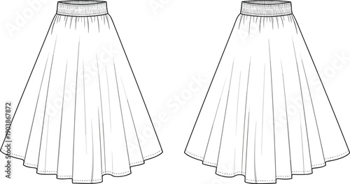 Women's high waist A-line circle skirt technical fashion flat cad drawing flat vector illustration with elastic waistband and flared hemline