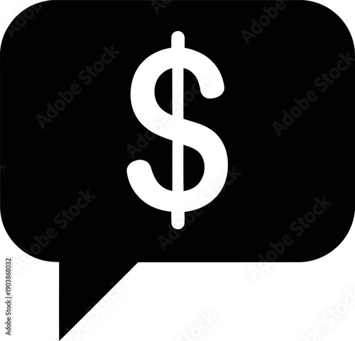 A black speech bubble with a white dollar sign on a plain white background symbolizing financial conversation or cost discussion