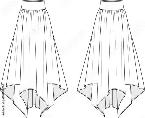 Women's handkerchief hem skirt technical fashion flat cad drawing flat vector illustration with elastic waistband and asymmetric draped midi length