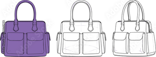 Women's large multi pocket tote bag technical fashion flat cad drawing flat vector illustration with top handles and front pockets