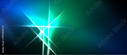 Bright starburst effect dominates image. Blue, green hues blend, creating vibrant gradient. Dark edges frame central light source.