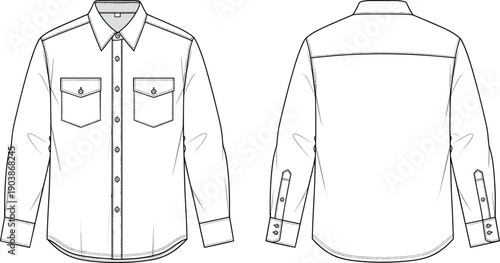 Men's long sleeve button down utility shirt technical fashion flat cad drawing flat vector illustration with chest pockets and yoke