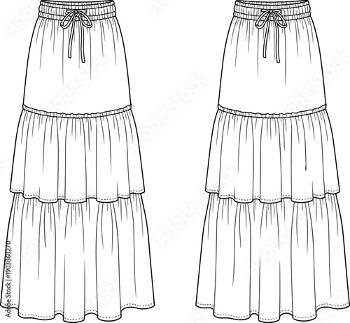 Women's tiered maxi skirt technical fashion flat cad drawing flat vector illustration with elastic drawstring waistband and three ruffled layers