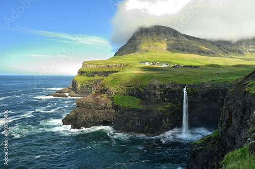 Beautiful waterfall, Sunny Day, Vagar, Faroe Islands, Denmark.