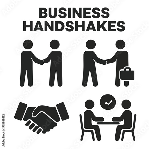 Simple black icons depict business handshakes meeting and agreement concepts visually high quality professional detailed