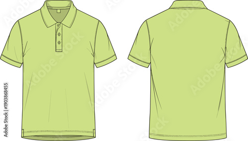 Men's short sleeve polo shirt technical fashion flat cad drawing flat vector illustration with collar button placket and cuff details