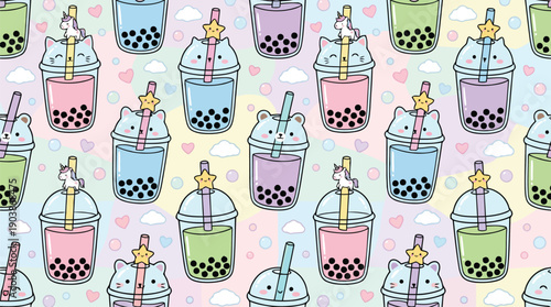 Colorful Boba Tea Delight: A whimsical array of vibrant boba tea cups in a repeating pattern. The delightful scene evokes joy, fun, and treats.