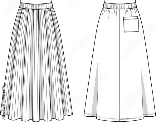 Women's long pleated maxi skirt technical fashion flat cad drawing flat vector illustration with elastic waistband and back patch pocket