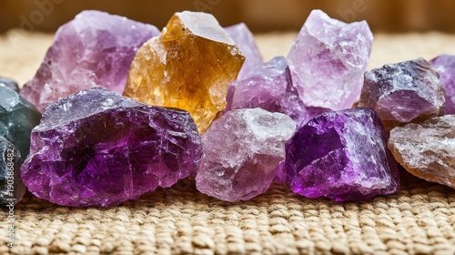 A close up collection of rough uncut purple amethyst and yellow citrine gemstones on a woven textured surface
