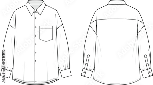 Women's oversized button down shirt technical fashion flat cad drawing flat vector illustration with drop shoulder pocket and cuff details