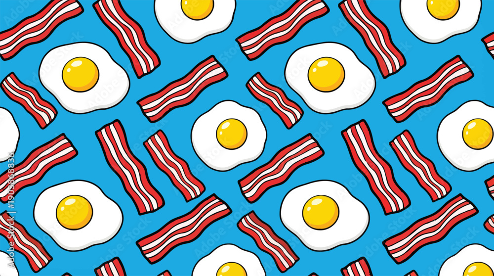 Naklejka premium Breakfast Delight Pattern: An appetizing pattern of fried eggs and crispy bacon strips in a vibrant, overhead composition.