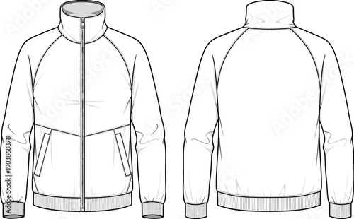 Unisex sports track jacket technical fashion flat cad drawing flat vector illustration with raglan sleeves zipper front and ribbed trim
