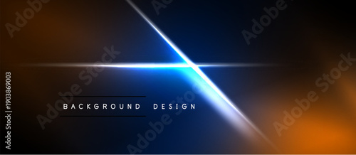Abstract design features bright lines crossing dark background. Orange, blue hues create dynamic visual effect. Text reads background design.