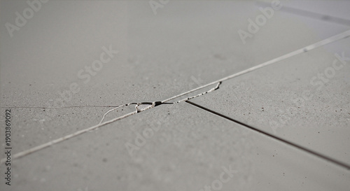 Hairline crack in ceramic tile on grey surface  