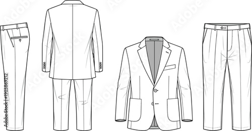 Men's formal tailored suit jacket and trousers cad drawing flat vector illustration with notched lapel and pockets technical fashion sketch