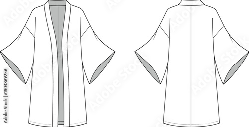 Women's open front kimono cardigan cad drawing flat vector illustration with wide sleeves and clean finish technical fashion sketch template