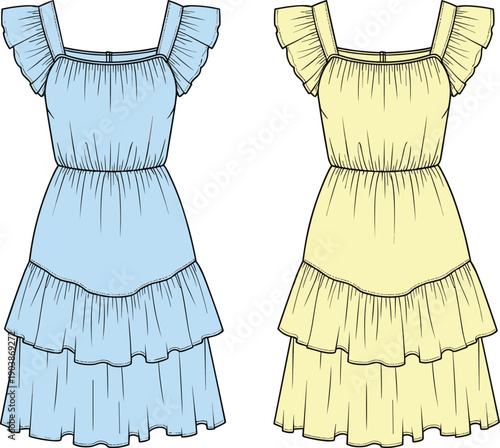 Women's tiered ruffle mini dress cad drawing flat vector illustration with square neck and flutter sleeves technical fashion sketch template