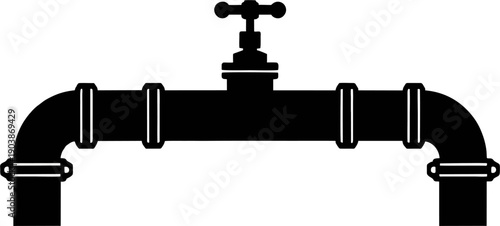 Industrial Pipeline with Control Valve Icon — Plumbing, Water Supply, Gas or Oil Pipe Silhouette Vector Illustration