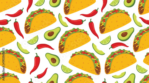 Taco Fiesta: A vibrant, repeating pattern showcases delicious tacos alongside fresh avocado slices, lime wedges, and fiery chili peppers, a true celebration of Mexican cuisine.