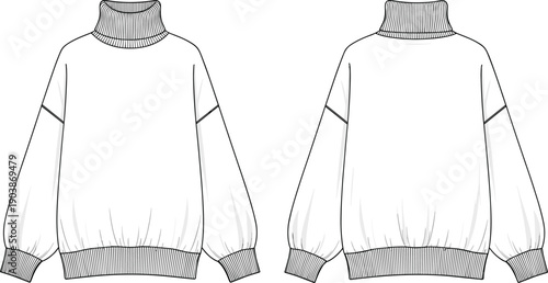 Women's oversized turtleneck sweater cad drawing flat vector illustration with ribbed collar and cuffs technical fashion sketch for apparel design