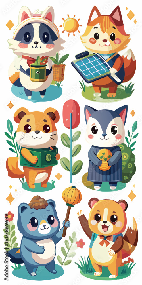 Obraz premium Kawaii Fox Raccoon Tiger Puppy Animals Holding Solar Panel Recycling Lantern Watercolor Illustration.
