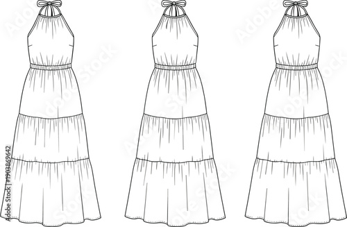 Women's tiered halter maxi dress cad drawing flat vector illustration with neck tie and elasticated waist technical fashion sketch template