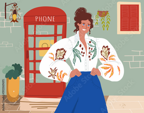 European old street, solo travel, girl, woman, red retro London telephone box, booth. Tourist, travel, education signs, hand-drawn vector illustration.
