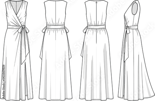 Elegant women's sleeveless wrap maxi dress cad drawing flat vector illustration with waist tie and side slit technical fashion sketch