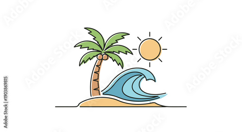 Tropical beach scene with palm tree and wave under the sun.
