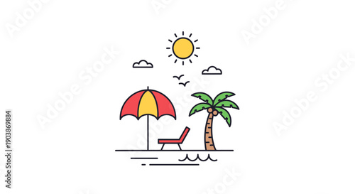 Simple line art illustration of a beach scene with umbrella and palm tree.