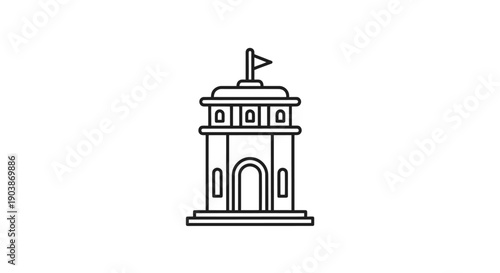 Simple line drawing of a building with a flag on top.