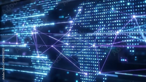 Digital world map on multiple screens showing global network connection and data transfer. Technology concept for worldwide communication and analytics
