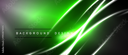 Abstract green background features dynamic lines, gradients. Modern design evokes energy, movement, sleekness. Text reads background design.