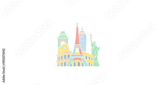 Colorful illustration of famous landmarks in New York City.