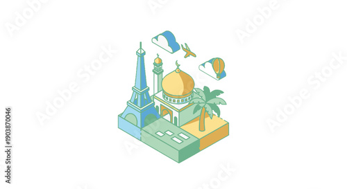 Isometric illustration of a mosque with minarets and a dome.
