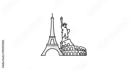 Simple line drawing of famous Parisian landmarks Eiffel Tower and Statue of Liberty.