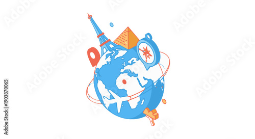Globe with travel icons and landmarks around it.