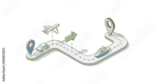 Illustration of a winding road with various travel icons.