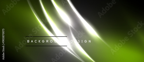 Abstract green, silver lines create dynamic flow. Dark background emphasizes bright curves, modern design element.