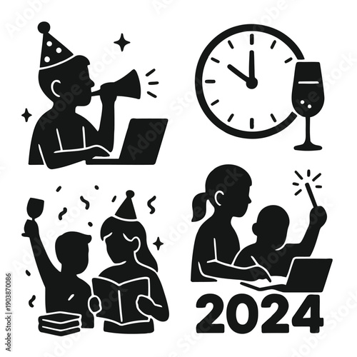 New year s eve celebration icons showing virtual parties clocks and festive moments high quality