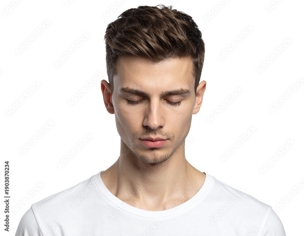 Obraz premium calm person with closed eyes isolated on white background