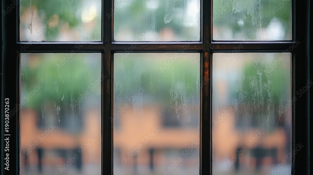 Fototapeta premium A gloomy view through a grimy window with blurred outdoor elements
