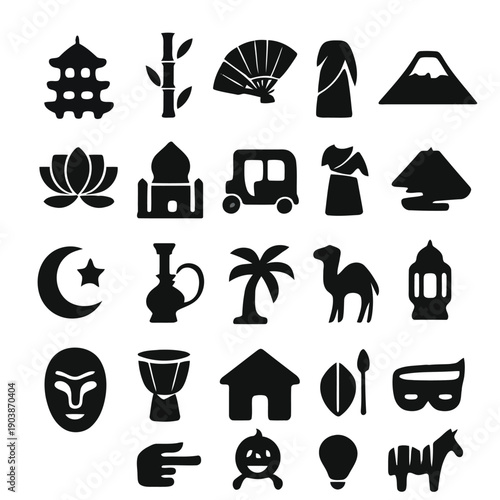 A collection of diverse black silhouettes depicting japanese culture and symbolic objects high quality professional