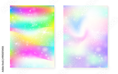 Princess background with kawaii rainbow gradient. Magic unicorn hologram. Holographic fairy set. Trendy fantasy cover. Princess background with sparkles and stars for cute girl party invitation.