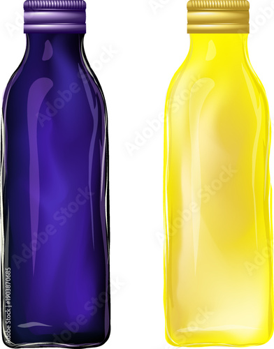 Glass bottles of freshly pressed juice, detox blue and yellow. Vector illustration
