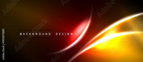 Abstract dynamic lines create vibrant gradient. Red, orange, yellow hues blend into dark background. Modern design element.