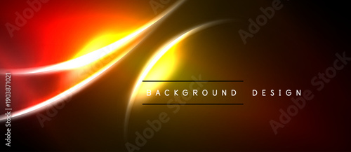 Abstract design features vibrant orange, yellow curves against dark backdrop. Smooth gradients create dynamic visual effect. Text reads background design.